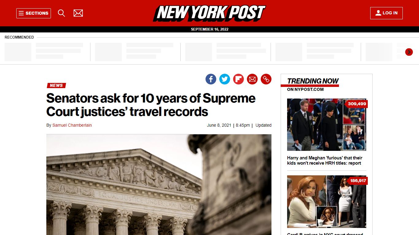 Senators ask for 10 years of Supreme Court justices' travel records