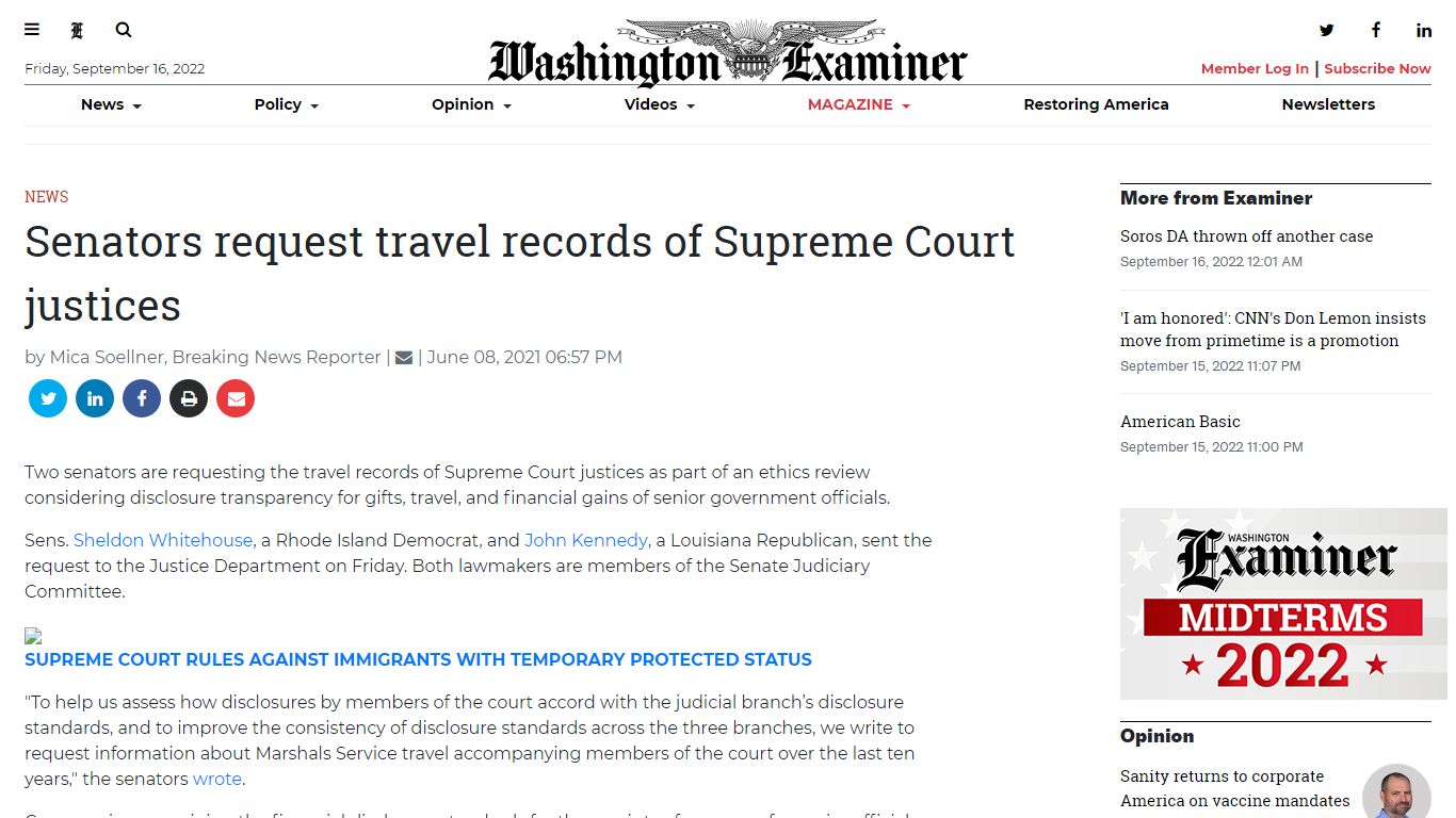 Senators request travel records of Supreme Court justices